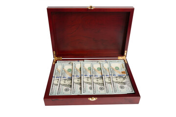 Many dollars are in wooden brown box. Concept saving money - 478371607