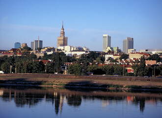Fototapeta na wymiar view of the Vistula River and Palace of Culture and Science (PKiN - Palac Kultury i Nauki, Warszawa) and downtown, Warsaw, Poland
