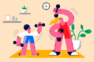 Happy mother and small kid do sports at home 