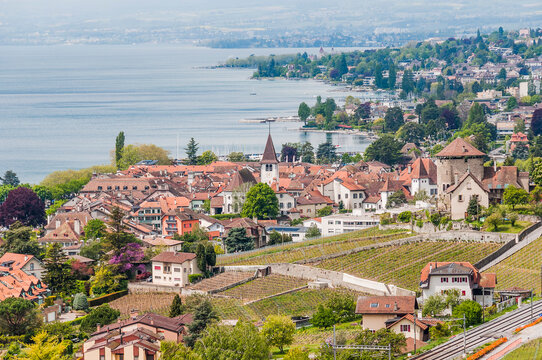 Lutry, Lavaux, Genfersee, Weinberge, Dorf, See, Seeufer, Wanderweg, Weinberg-Terrassen, Weinbauer, Fr&uuml;hling, Waadt, Schweiz