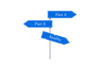 Plan A alternative B and reality on road sign concept. Choosing the right path, change to alternative strategy. Flat design vector illustration of planning and reality.