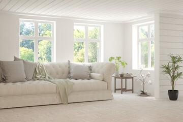 White living room with sofa and summer landscape in window. Scandinavian interior design. 3D illustration