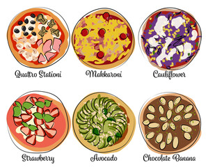 Drawing Pizza Toppings Part 05 / Zeichnungen Pizza Beläge Teil 05: Quattro Stationi, Makkaroni, Cauliflower, Strawberry, Avocado, Chocolate
