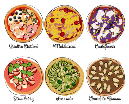 Drawing Pizza Toppings Part 05 / Zeichnungen Pizza Beläge Teil 05: Quattro Stationi, Makkaroni, Cauliflower, Strawberry, Avocado, Chocolate
