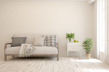 Fototapeta premium White living room with sofa. Scandinavian interior design. 3D illustration