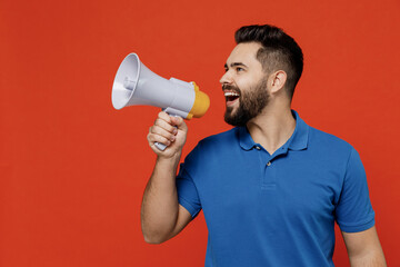 Young smiling happy caucasian man 20s wear basic blue t-shirt hold scream in megaphone announces discounts sale Hurry up isolated on plain orange background studio portrait. People lifestyle concept. - obrazy, fototapety, plakaty