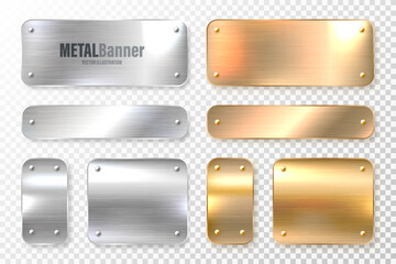 Realistic shiny metal banners set. Brushed steel and copper plate. Polished silver metal surface. Vector illustration. - obrazy, fototapety, plakaty