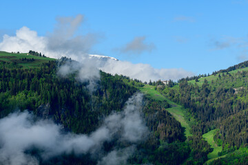 A ski descent to Mont Joly and Col de Voza in the Mont Blanc massif in Europe, France, the Alps,...