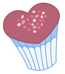 Vector drawing of heart-shaped chocolate brown cupcake in white liner with pink sprinkles on top. Romantic cartoon illustration for Valentine's Day, engagement, wedding.