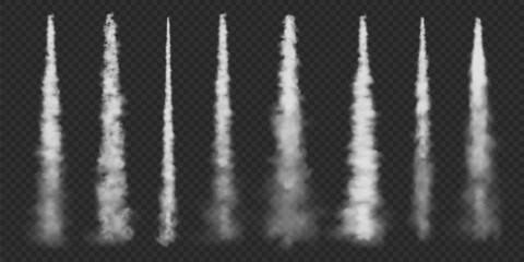 Realistic airplane condensation trails. Space rocket launch. Missile or bullet trail. Jet aircraft tracks. White smoke clouds, fog. Steam flow. Vector illustration.
