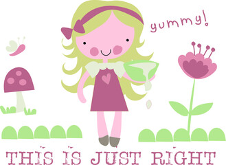 Fairytale mushroom, flower and little girl themed baby and kids t-shirt print can be used for fashion print design, kids wear, baby shower, celebration, greeting and invitation.