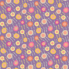 Floral pattern with pink and yellow flowers on purple background. Seamless Ditsy print.