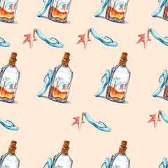 watercolor illustration seamless pattern,navy print glass bottle with cork inside sand and starfish and life preserver,flip-flops,for fabric or furniture