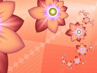 Orange fractal image as  background with flower. Creative element for design. Fractal flower rendered by math algorithm. Digital artwork for creative graphic design.