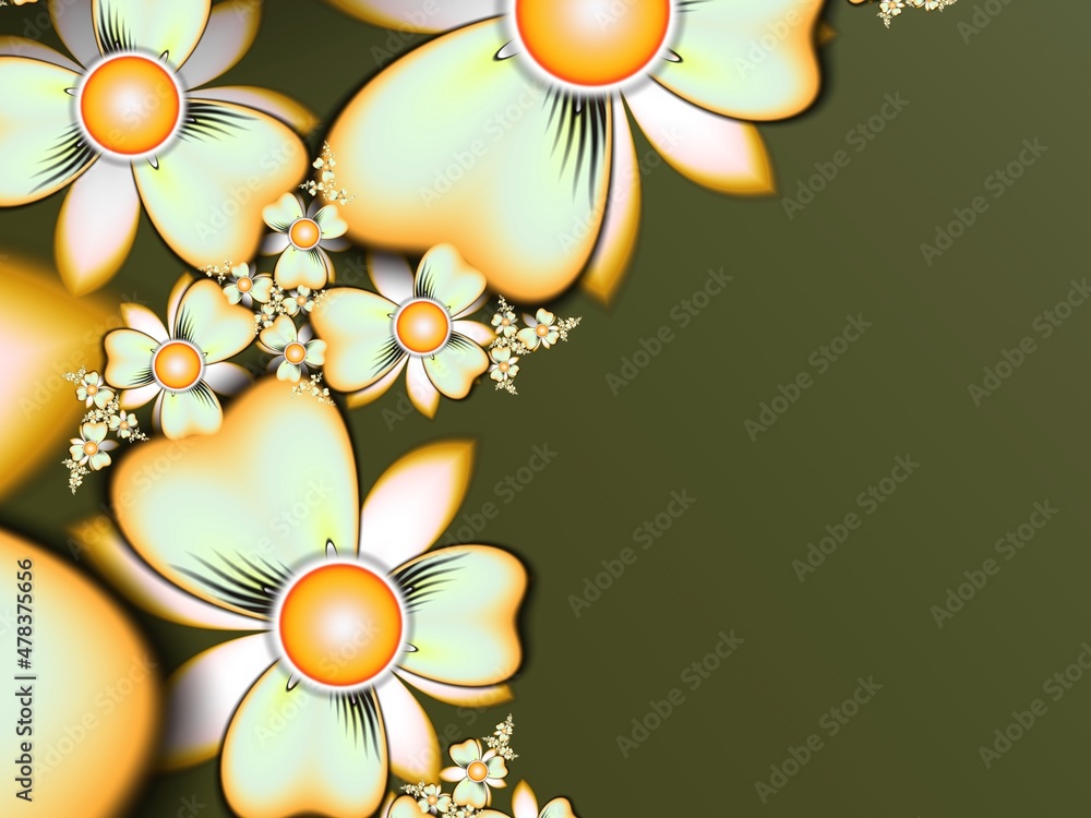 Poster original fractal image with yellow flowers. template with place for inserting your text. fractal art