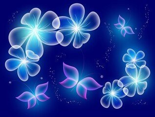 Glowing image with magic butterflies. Transparent reflective background for graphic design. Neon blue pictures.