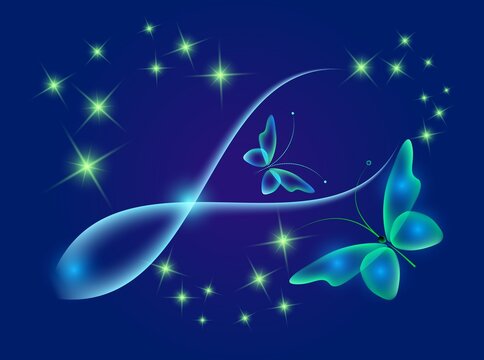 Glowing image with magic butterflies. Transparent reflective background for graphic design. Neon blue pictures.