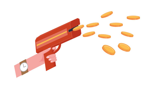 The light machine gun fires gold coins. Money Gun, shoot your toy gun with money. Money machine. Gold money making machine. Flat vector illustration.