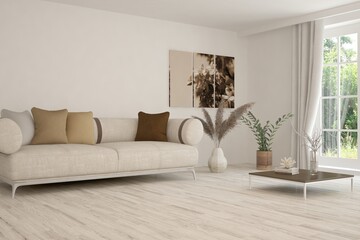 White living room with sofa and summer landscape in window. Scandinavian interior design. 3D illustration