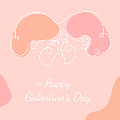 Happy Galentine's Day design whith two woman faces abstract one continuous line portrait. Modern minimalist style illustration, suitable for greeting cards, poster, prints