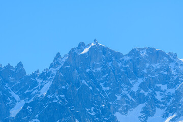 The Aiguille du Plan in the Mont Blanc massif in Europe, France, the Alps, towards Chamonix, in summer, on a sunny day.