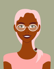 Vector graphics - a pretty smiling young woman with dark skin and blonde hair gathered in a ponytail in fashionable glasses with white frames. Concept avatar