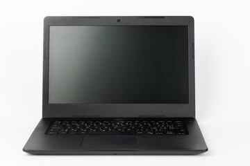 Modern, new office  black  laptop  on white background, front view - obrazy, fototapety, plakaty