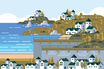 modern beautiful vector landscapes design with illustration home, tree, river