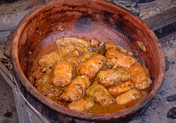 Regional traditional food cabbage rolls sold on market fair