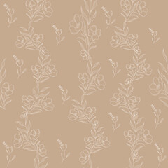 White leaves and flowers on a beige background. Botanical composition. For wallpaper, background and postcards.