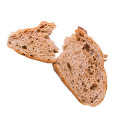 Broken piece of dark rye whole grain wholesome bread isolated on white background. Healthy food.