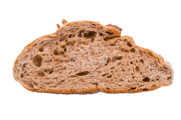 A piece of dark rye whole grain wholesome bread isolated on a white background. Healthy food.