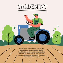 Cartoon vector illustration on the theme of garden, gardening, cultivation, agriculture, spring. Man plows on a tractor. Colorful background for use in design