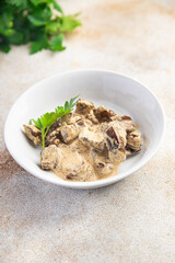 kosher beef liver stewed cream halal beef meat healthy meal food snack on the table copy space food background