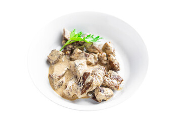 kosher beef liver stewed cream halal beef meat healthy meal food snack on the table copy space food background