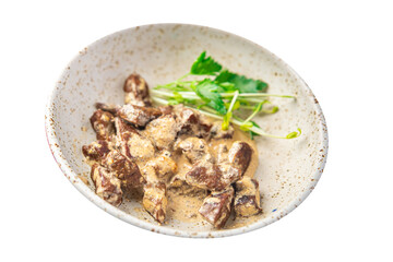 kosher beef liver stewed cream halal beef meat healthy meal food snack on the table copy space food background