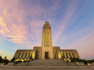Sunset exterior view of the Louisiana State Capitol