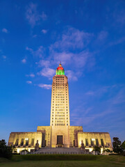 Sunset exterior view of the Louisiana State Capitol