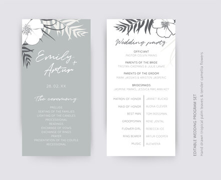 Gray and snow-white elegant vector wedding ceremony and party program card set. Editable tropical palm leaves, foliage decorative border, frame. Modern, minimalist design. Cute, botanical illustration