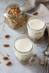 Healthy breakfast, yogurt parfait. Yogurt with homemade almond granola on a gray concrete background.