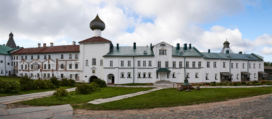 Russia. Solovki. Solovetsky Monastery. Panorama: Annunciation Building and Nadvornaya Church, Rector's Building