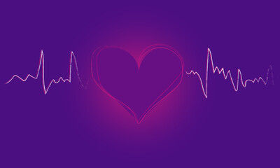 drawn heart with thin line pulse isolated on purple background. Vector illustration.