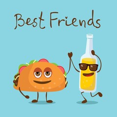 Funny best friends food characters with emotions, includes fast food and fruits, vector illustrations.