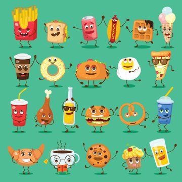 Funny best friends food characters with emotions, includes fast food and fruits, vector illustrations.