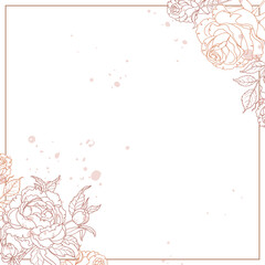 Fashionable square frame with leaves and a rose in a minimal style. On an isolated white background. Pastel delicate colors and geometric shapes. Vector illustration.