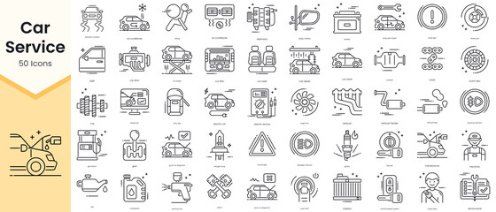 Simple Outline Set of Car Service Icons. Thin Line Collection contains such Icons as abs light, airbag, air conditioner, air conditioning, alternator and more