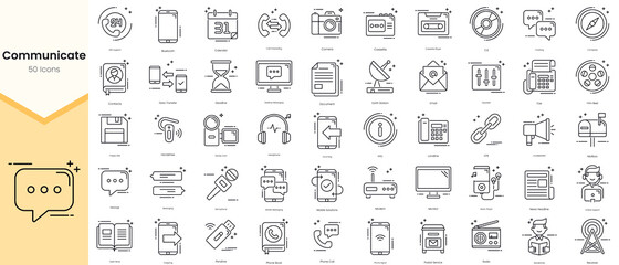 Simple Outline Set of Communication Icons. Thin Line Collection contains such Icons as 24h support, calendar, call forwarding, camera, cassette and more