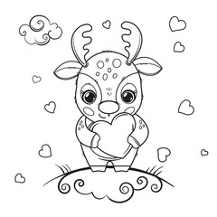 Fototapeta premium A cute fawn holds a heart in its paws. Picture for coloring.