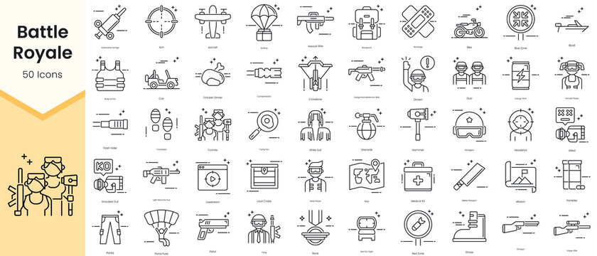 Simple Outline Set of Battle Royale Icons. Thin Line Collection contains such Icons as aim, aircraft, airdrop, assault rifle, backpack, bandage and more