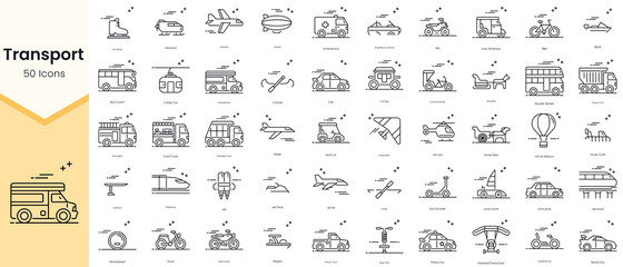 Naklejka na ściany i meble Simple Outline Set of Transportation Icons. Thin Line Collection contains such Icons as aerosani, airplane, airship, ambulance, amphibious vehicle and more